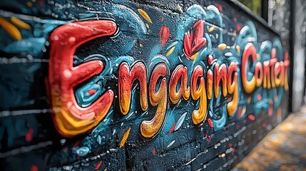 A vibrant graffiti style mural reading 'Engaging Content' with artistic and playful elements, emphasizing creativity and appeal in modern street art.