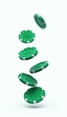 A dynamic image of green poker chips in motion, ideal for themes related to gambling, casinos, or finance.