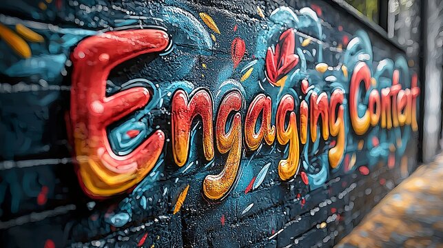 A vibrant graffiti style mural reading 'Engaging Content' with artistic and playful elements, emphasizing creativity and appeal in modern street art.