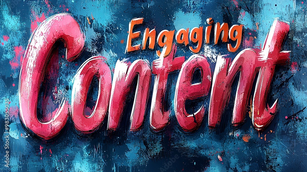 Poster dynamic abstract artwork featuring the phrase 'engaging content' in bold, stylized pink letters set 