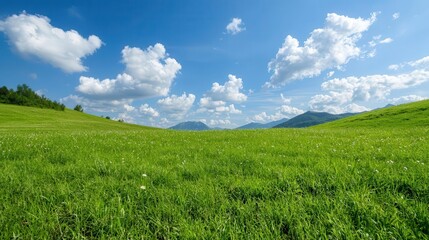 Obraz premium Vast green field under a clear blue sky with fluffy clouds in the background.
