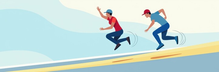 Obraz premium Two young men sprinting in a dynamic outdoor setting, capturing the essence of teamwork, competition, and youthful energy.