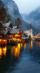 Fototapeta premium Nighttime Scenic View of Hallstatt Village Austria with Illuminated Lakeside Houses and Alpine Mountains