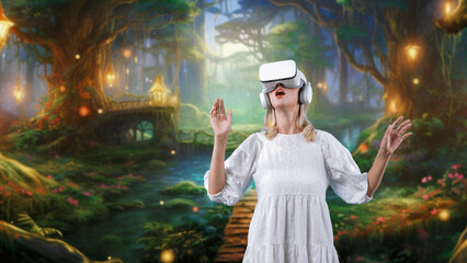 Fototapeta premium Woman using VR glasses turn on transfer meta world in gaming bokeh neon falling fresh air in metaverse in magical fantasy river across bridge jungle trees fairytale wildflower at night. Contraption.