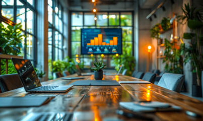 Modern Empty Meeting Room with Conference Table and Laptops, TV Displaying Company's Growth Charts, Daytime, Professional Business Setting for Corporate Presentations and Strategy Sessions