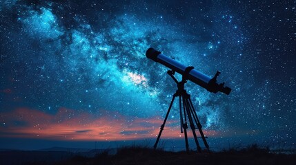 Silhouette of a telescope on a hillside against a starry night sky background. This image could be used as an illustration, banner, or as a space for text.