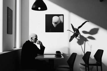 Nosferatu in Minimalist Coffee Shop - Modern, Monochrome Scene for Posters, Cards, and Print Design