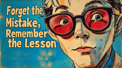 Retro-inspired poster featuring the motivational quote 'Forget the Mistake, Remember the Lesson' with a partially visible figure on a teal background.