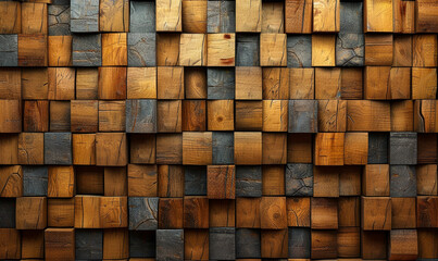Natural Timber Wall Background with 3D Square Block Tiles, Intricate Wood-Tile Wallpaper Texture, Rustic Earthy Tone Design, 3D Render Decorative Pattern for Interior