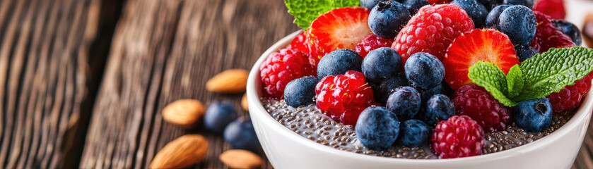 A vibrant bowl of fresh berries, including strawberries, raspberries, and blueberries, garnished with mint leaves and almonds.