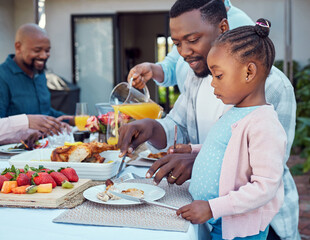 Outdoor, black family and food with help, girl and bonding together with conversation. House,...
