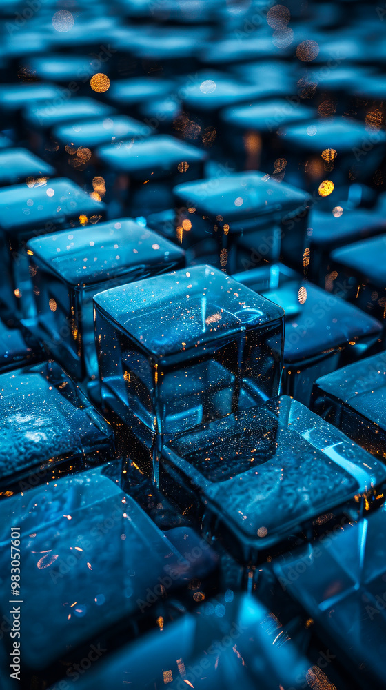 Poster futuristic blue and turquoise 3d render of perfectly aligned multisized tech blocks with sparkling t