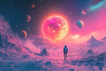 Obraz premium Close-up of an astronaut's helmet with a pink and purple sunset reflecting in the visor.. Beautiful simple AI generated image