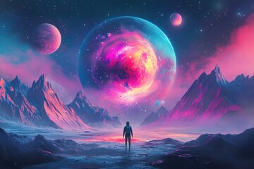 Fototapeta premium An astronaut surrounded by neon-colored dollar signs and coins set against blue sky, financial concept banner. Beautiful simple AI generated image