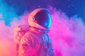 Fototapeta premium A detailed illustration of a futuristic woman astronaut suit with pink and purple accents, perfect for sci-fi projects.. Beautiful simple AI generated image