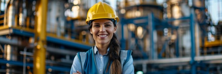 Confident female engineer in oil refinery, showcasing technical expertise
