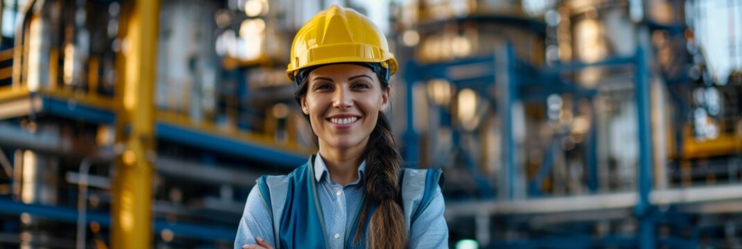 Confident female engineer in oil refinery, showcasing technical expertise