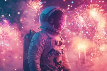 Astronaut Waving Goodbye in Surreal Pink Clouds - Sci-Fi Fantasy of Space Exploration, Ethereal Environment with Copy Space. Beautiful simple AI generated image