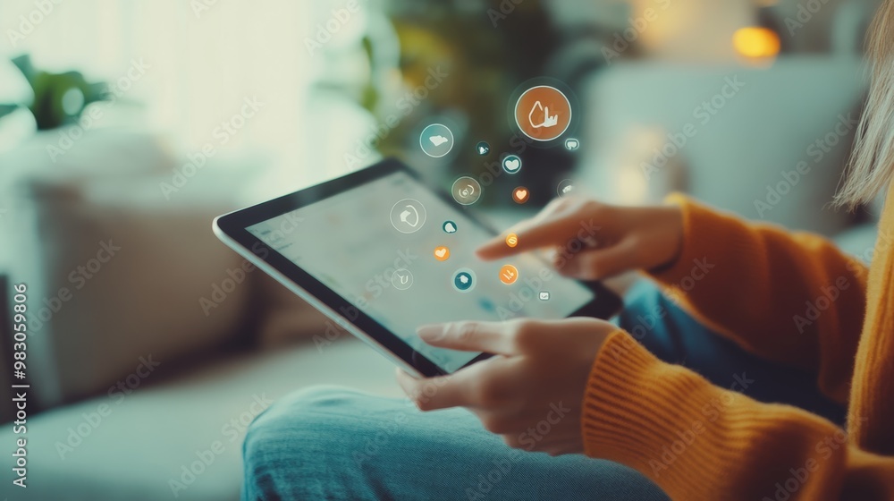 Poster person holding a tablet with floating social icons in a casual setting. digital communication and on