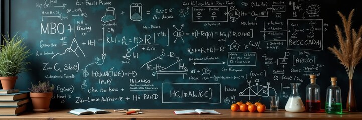 A dynamic blackboard filled with equations and diagrams, symbolizing education, innovation, and problem solving in a creative workspace.