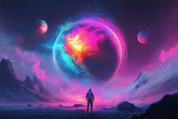 Fototapeta premium Close-up of an astronaut's helmet with a pink and purple sunset reflecting in the visor.. Beautiful simple AI generated image