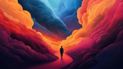 A vibrant scene with a figure walking through colorful clouds, representing a journey of self-discovery and imagination.