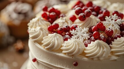 White Cake with Red Berries and Snowflakes