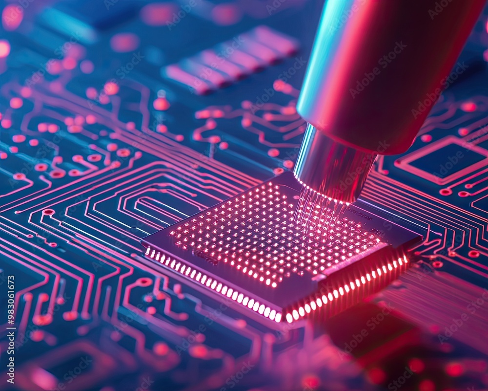 Poster close-up of a microchip on a circuit board, illuminated with vibrant colors.