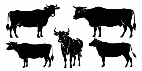 cow vector silhouette,  black cow in different styles silhouette