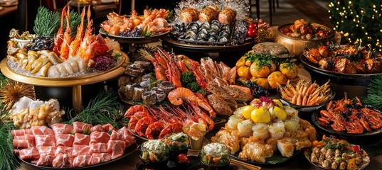 Fototapeta premium Luxurious New Year's Eve Seafood Buffet Featuring Global Cuisines for a Culinary Journey