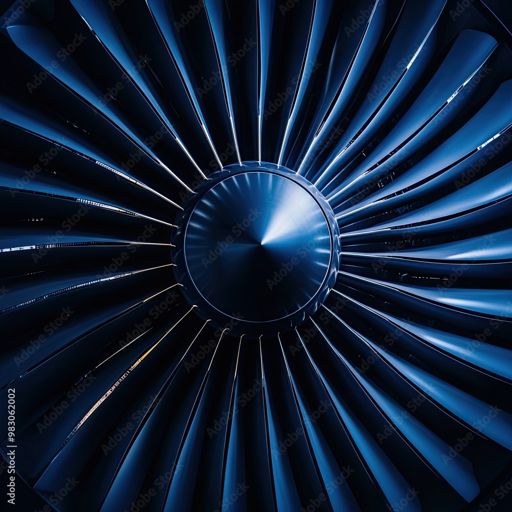 Poster close-up view of a turbine engine with intricate fan blades and a blue gradient.