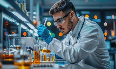 Professional healthcare researchers working with advanced lab equipment, focused on development and innovations. Free copy space for text.