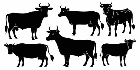 cow vector silhouette,  black cow in different styles silhouette