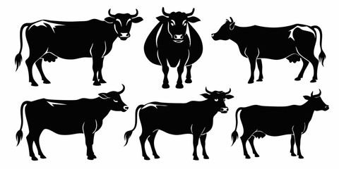 cow vector silhouette,  black cow in different styles silhouette