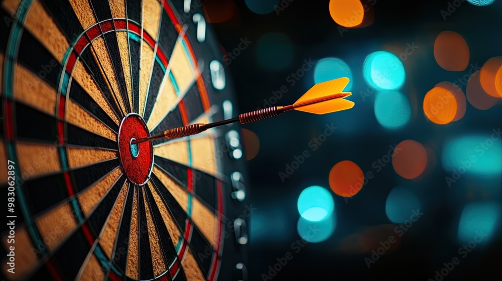 Poster dartboard with a dart embedded, colorful background bokeh.