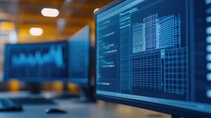 Fototapeta premium Data analysis monitors displaying complex graphs and code in a modern workspace.