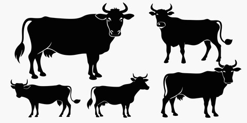 cow vector silhouette,  black cow in different styles silhouette