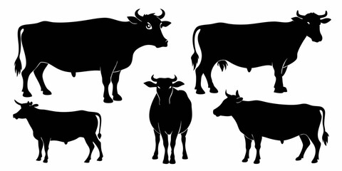 cow vector silhouette,  black cow in different styles silhouette