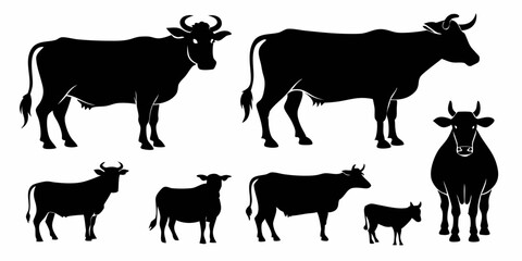 cow vector silhouette,  black cow in different styles silhouette