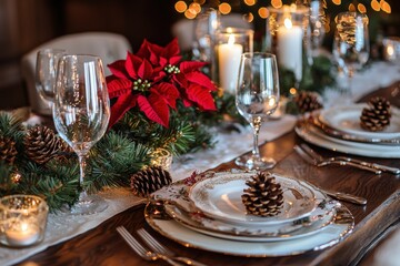 Elegant Christmas Dinner Table Setting with Poinsettias, Candles, and Pine Cones for Holiday Celebration