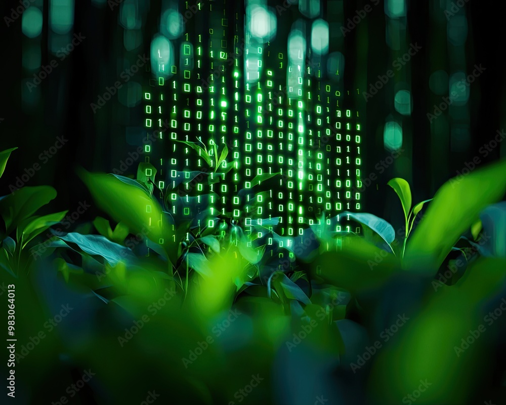 Poster green leaves with digital binary code overlaying a natural background.