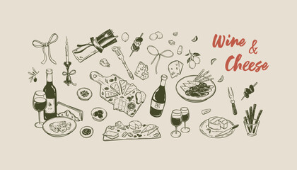 Wine and cheese hand drawn minimalist boho food vector illustration. Slow living concept. Summer Italian picnic background. Parmesan, brie, camembert, salami, jamon charcuterie board. La Dolce vita
