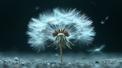 Fototapeta premium A high-contrast image of a dandelion seed head against a dark, plain background. The white seeds stand out sharply, some already floating away, adding a dynamic element to the scene.