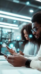African American couple using mobile apps in a modern office, surrounded by digital communication icons.