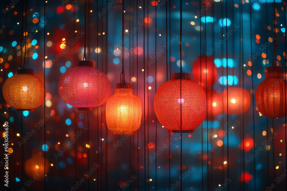 Poster a row of colorful lanterns hanging from the ceiling