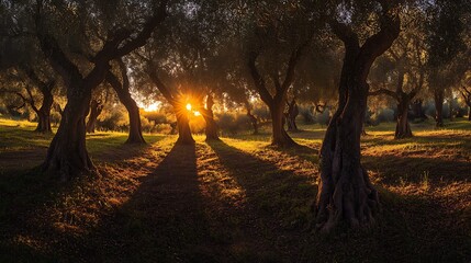 Fototapeta premium A peaceful view of olive trees in a quiet, sunny landscape 