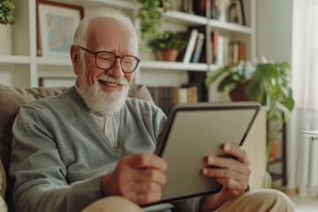 Obraz premium Joyful senior man with a smile using digital tablet. Retirement and technology
