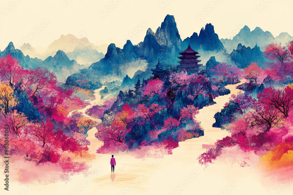Poster a man is walking in a forest with a river in the background