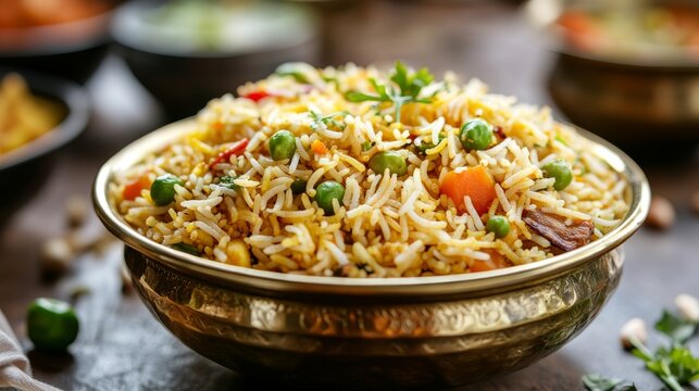 Veg biryani or veg pulav served in a round brass bowl, selective focus