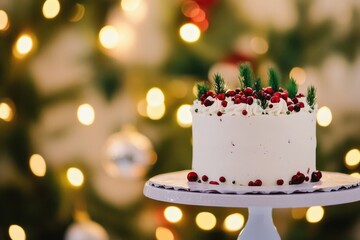 Modern Minimalistic Christmas Cake on Elegant Stand Against Holiday Lights Background - Ideal for Holiday Print, Card, Poster Design